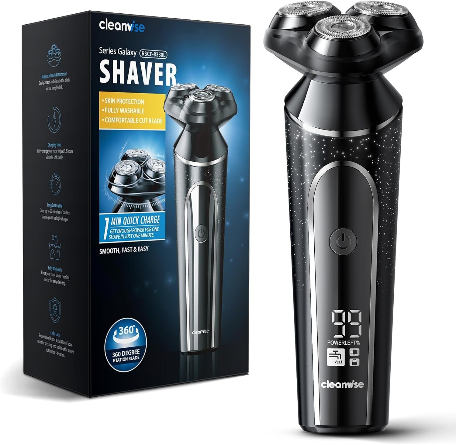 Electric Razor for Men,Wet & Dry Cordless Rotary Shavers with LCD Display,90Mins Shaving Time,IPX7 Waterproof,Pop-up Beard Trimmer,Magnetic Shaving Head