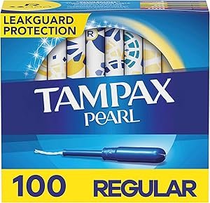 Tampax Pearl Tampons Regular Absorbency, With Leakguard Braid, Unscented, 50 Count x 2 Packs (100 Count total)