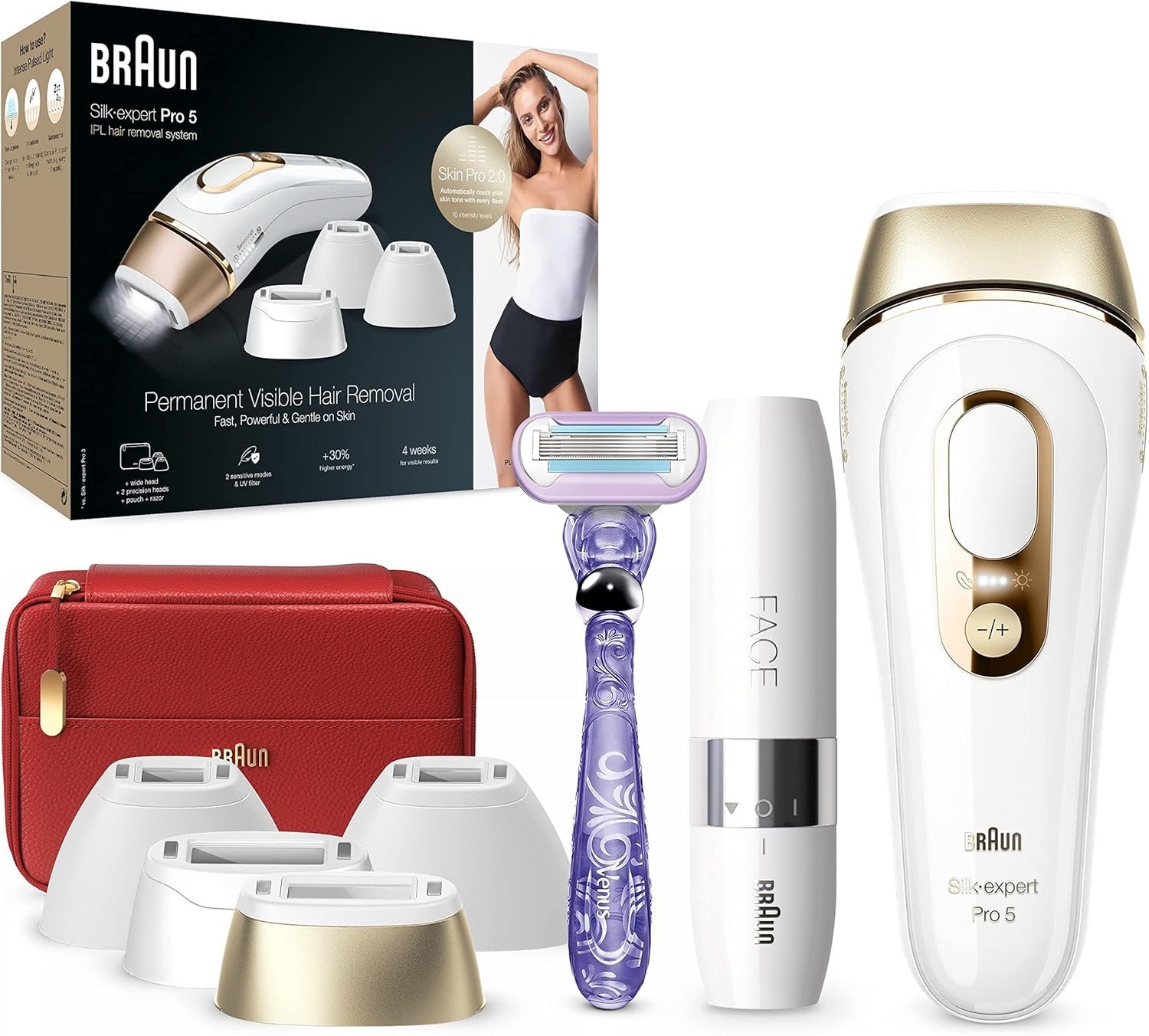 Braun Silk·Expert Pro 5 PL5387 Latest Generation IPL, Visible Hair Removal, White&Gold & Braun Face Mini Hair Remover FS1000